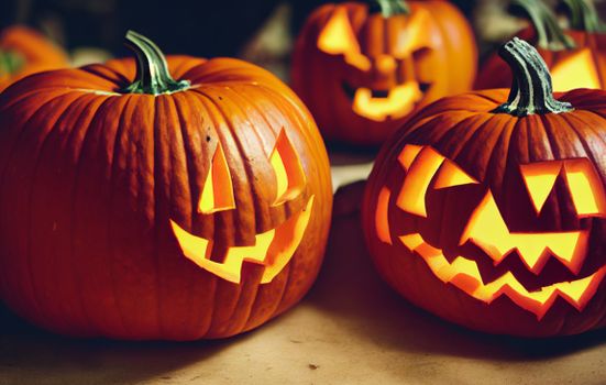 Close-up of carved jack-o'-lanterns glowing in the dark, perfect for Halloween themes.