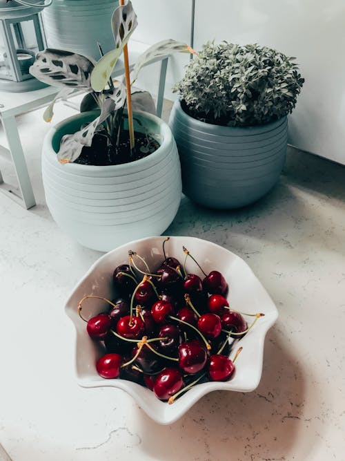 A Red Cherries on White Ceramic Bowl