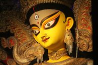 Close-up of a detailed Durga idol showcasing traditional craftsmanship in Kolkata, India.