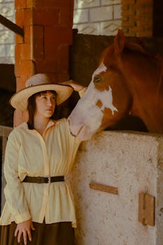 Stylish woman in a hat and blouse posing with a horse in a rustic barn setting.