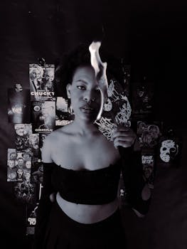 A woman holding a lit match in front of horror movie posters. Dramatic black and white.