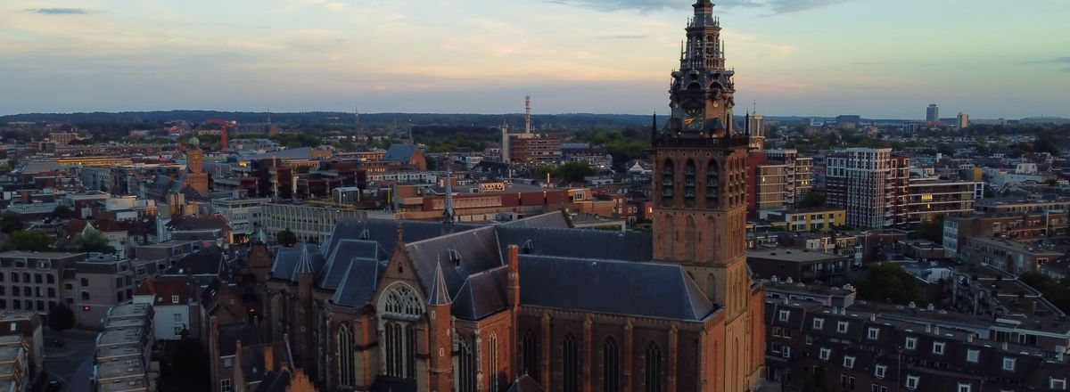Aerial view of Saint Stephen's Church in Nijmegen at sunset.