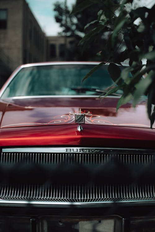 Free Hood of a Red Classic Car  Stock Photo