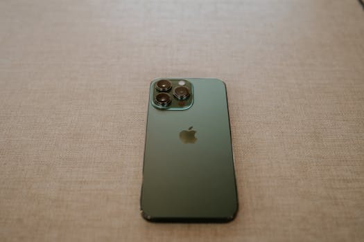 Close-up photo of a green smartphone placed on a beige textured surface.