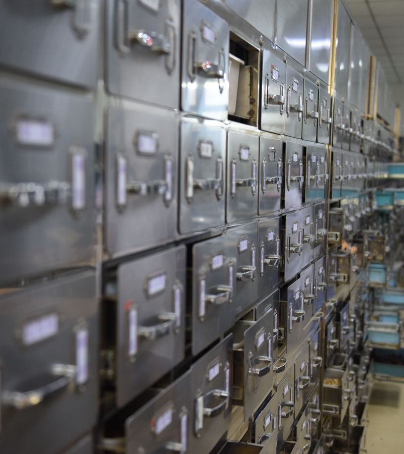 A technician organizing labeled equipment storage drawers