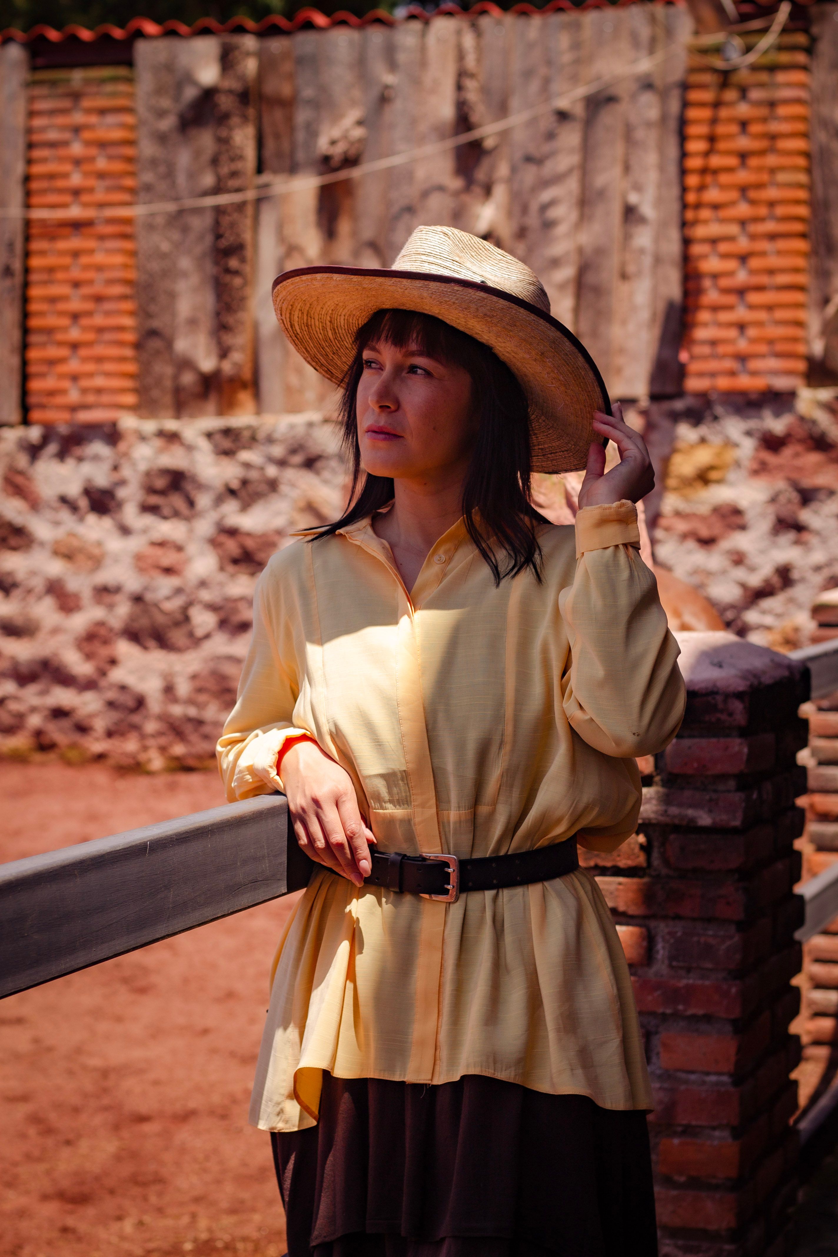 yellow dress brown belt Yellow short sleeve V linen wrap dress with belt 2803 – Xiaolizi main image 1