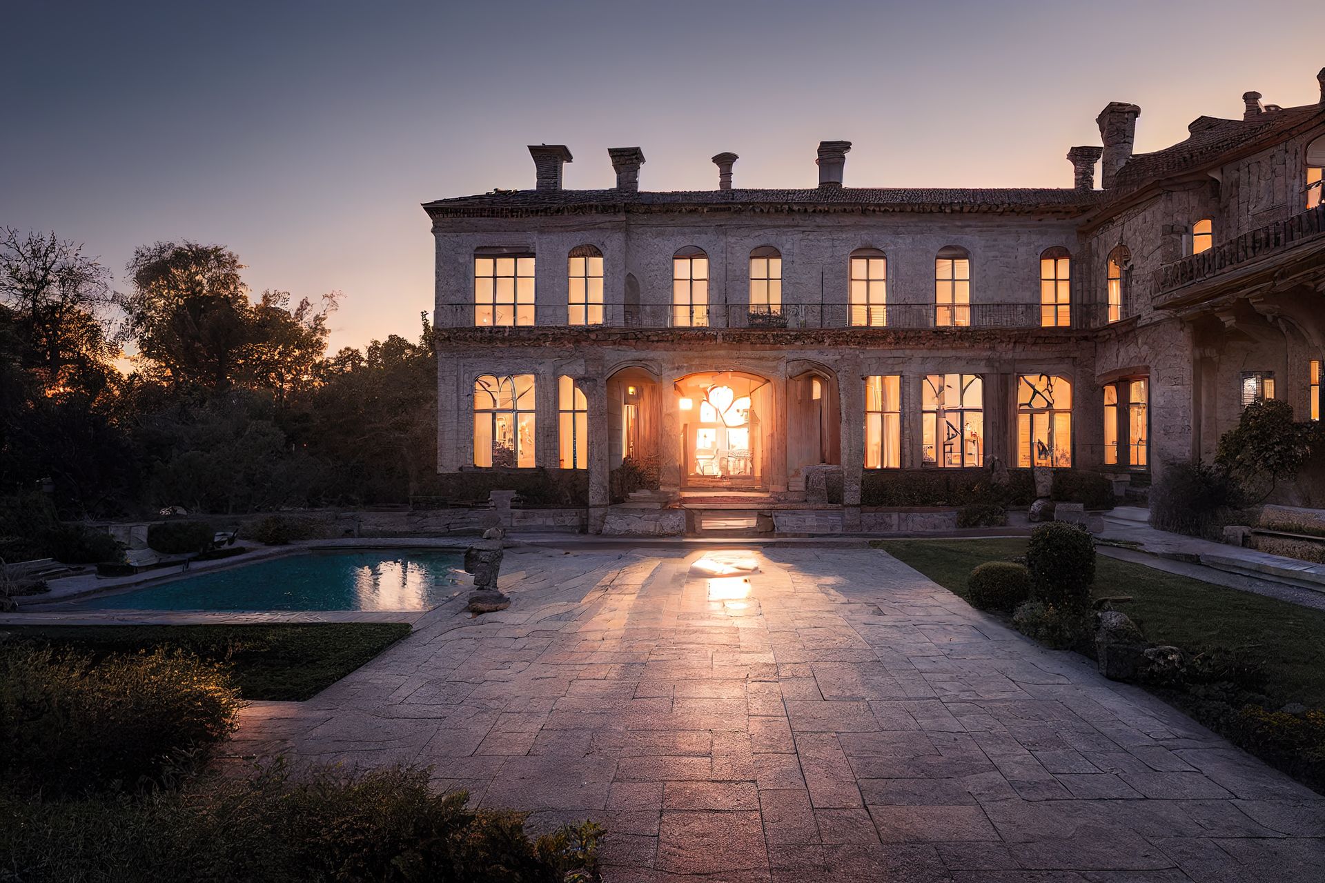 Majestic mansion exterior with a pool and glowing windows at sunset.