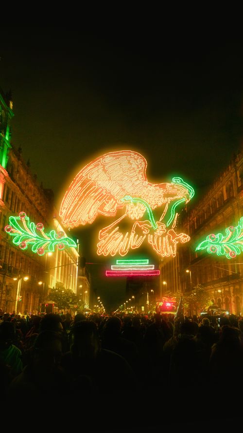 Free Illuminated street scene featuring neon eagle lights in Ciudad de México at night. Stock Photo