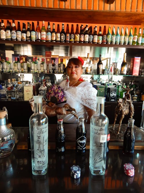 Woman Standing behind a Bar Counter with Bottles of Alcohol 