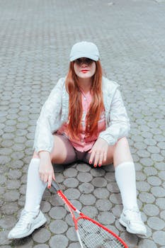 Stylish woman sitting outdoors in sportswear with a tennis racket, exuding a modern and sporty vibe.