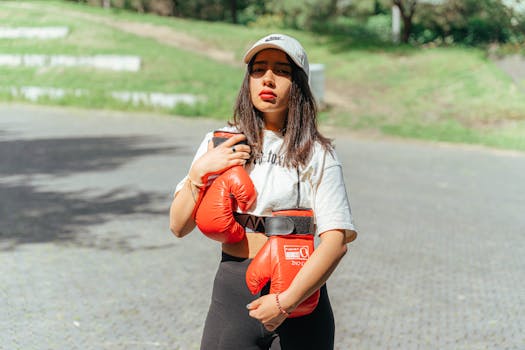 A woman in casual attire and boxing gloves poses confidently outdoors during the day.
