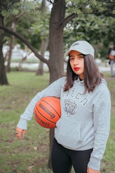 Teen girl in a hoodie and cap, posing outdoors with a basketball. Bright and natural setting.