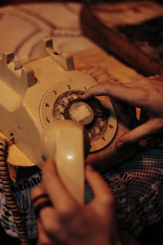 Close-up of hands using a vintage rotary phone, evoking nostalgia.