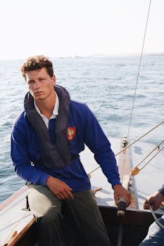 A young man enjoying a peaceful sailing trip off the coast of Bretagne, France.