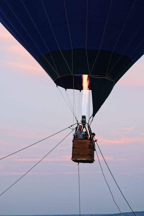 Free A stunning hot air balloon flight captured during sunset over Mercurey, France. Stock Photo