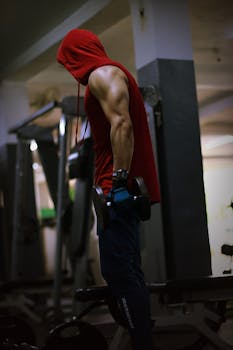 Man in a red hoodie lifting weights in an indoor gym setting for strength training.