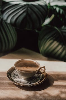 A vintage coffee cup with shadow play and lush foliage in a cozy café setting.