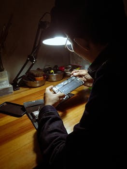 An adult man repairing a smartphone under a desk lamp in a dimly lit room.
