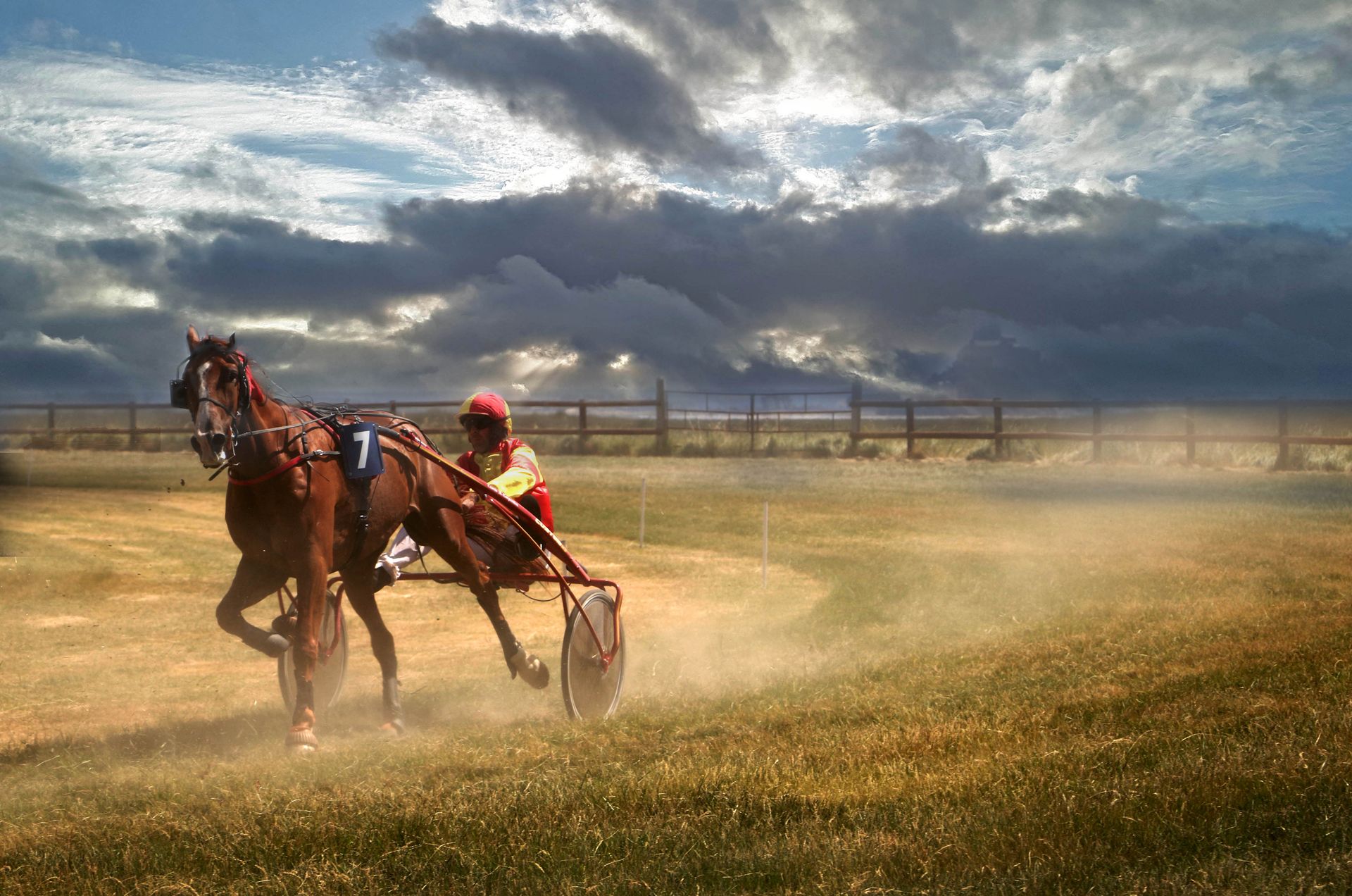 A Jockey Racing a Horse with Carriage