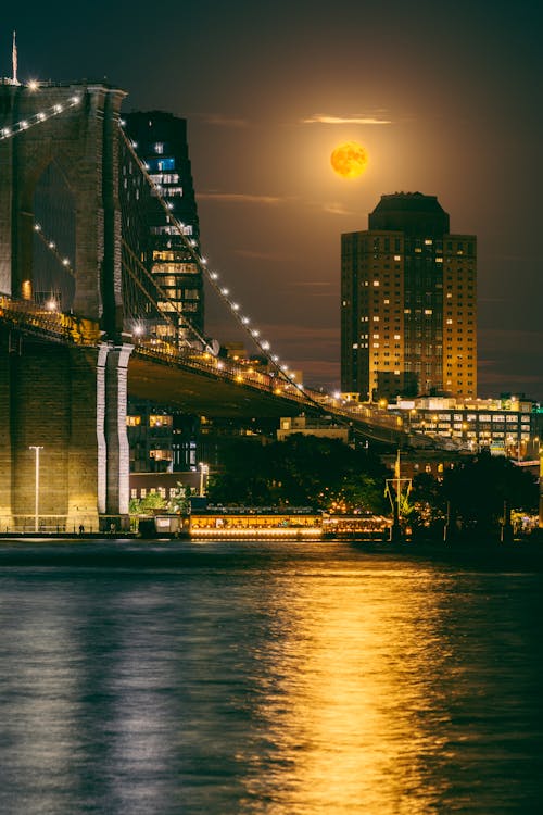 Full Moon and Lights over Sea Coast in New York at Night