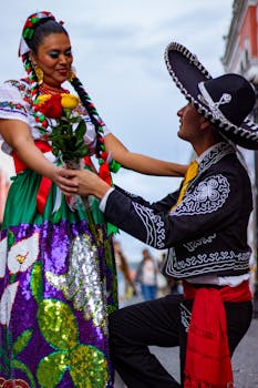Vibrant photo of a traditional Mexican dance performance in Puebla, showcasing colorful costumes.