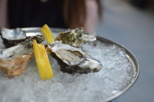 Free Close-up of fresh oysters on a bed of ice with lemon wedges, perfect for seafood lovers. Stock Photo