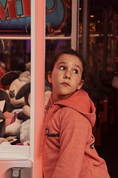 A young girl curiously looks through an arcade machine filled with colorful stuffed toys.