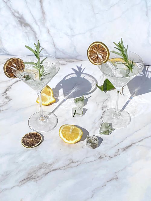 Cocktails in Martini Glasses Decorated with Dried Lemon 