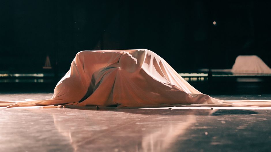 A dancer covered in delicate fabric performing expressively on stage.