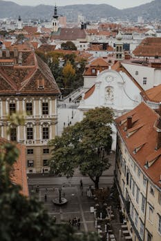 Explore Graz's architectural beauty from above, featuring historical rooftops and scenic views.