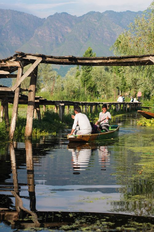 Free People enjoy a traditional boat ride on a serene river in rural Srinagar, surrounded by nature. Stock Photo