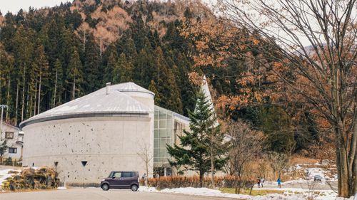 Free Discover the modern architecture of Shigakogen Roman Art Museum surrounded by autumn foliage in Yamagata, Nagano, Japan. Stock Photo
