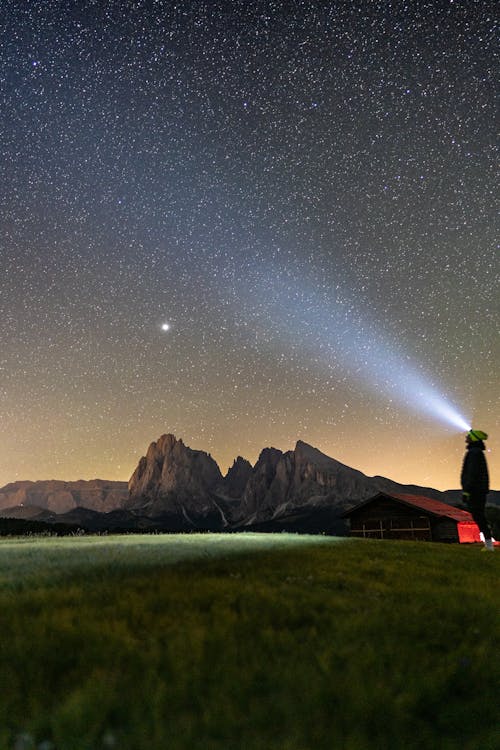 Person with Flashlight Standing under Night Sky with Stars