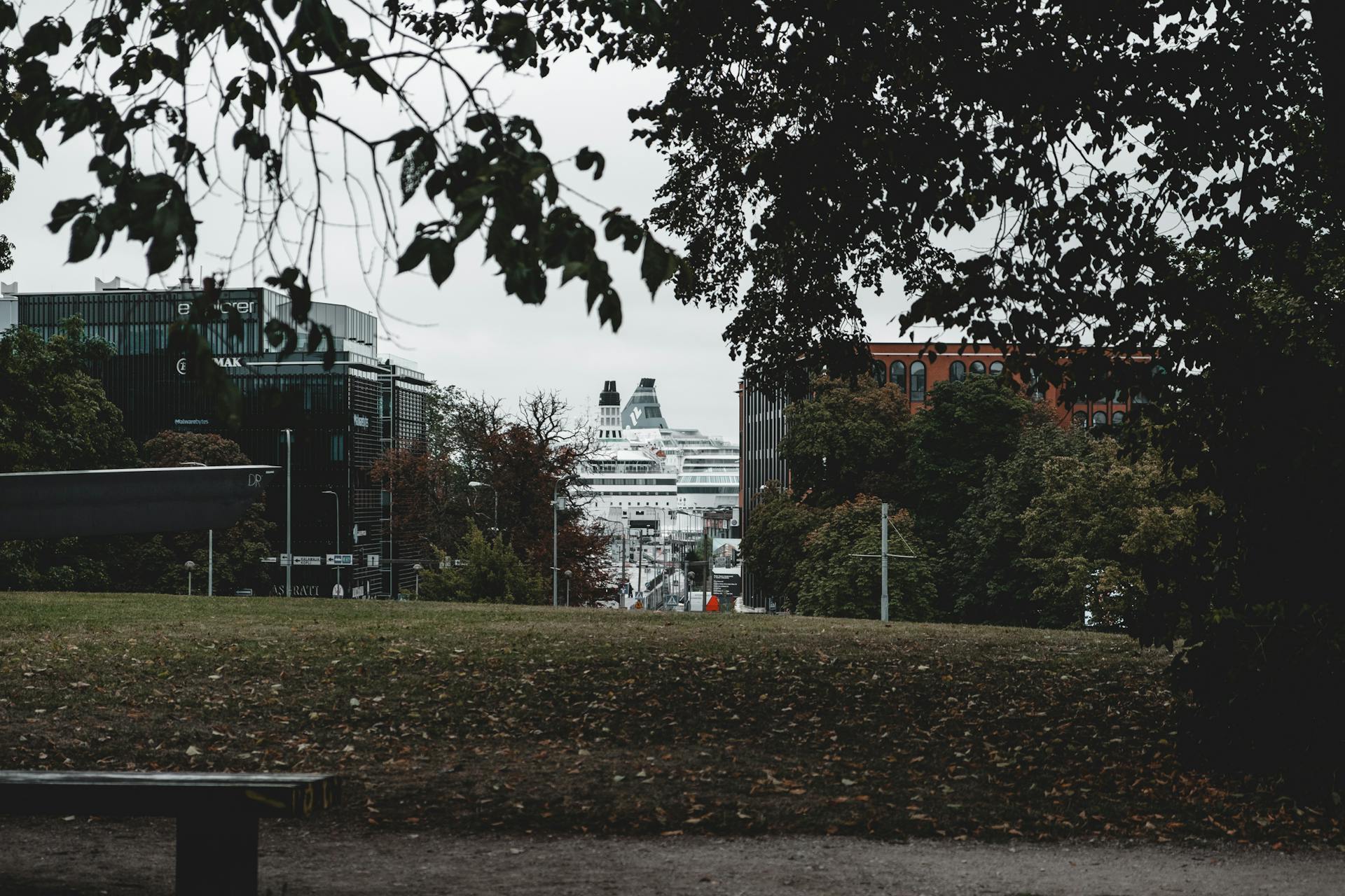 An urban view from a park in Tallinn with a cruise ship visible through the trees.