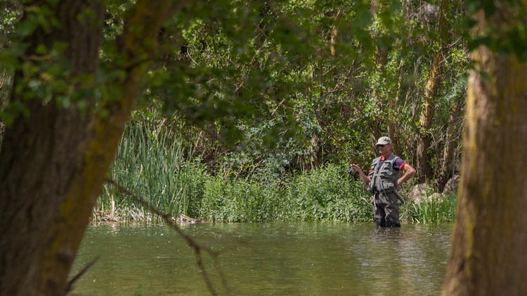 Man In Black And White Jacket Fishing On River