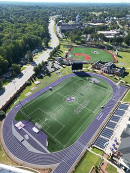 Drone shot of High Point University sports fields, showing soccer and baseball stadiums.
