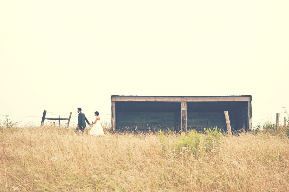 A couple walking hand in hand across a golden field