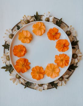 Overhead shot of vibrant orange flowers elegantly arranged on a white plate, surrounded by white daisies.