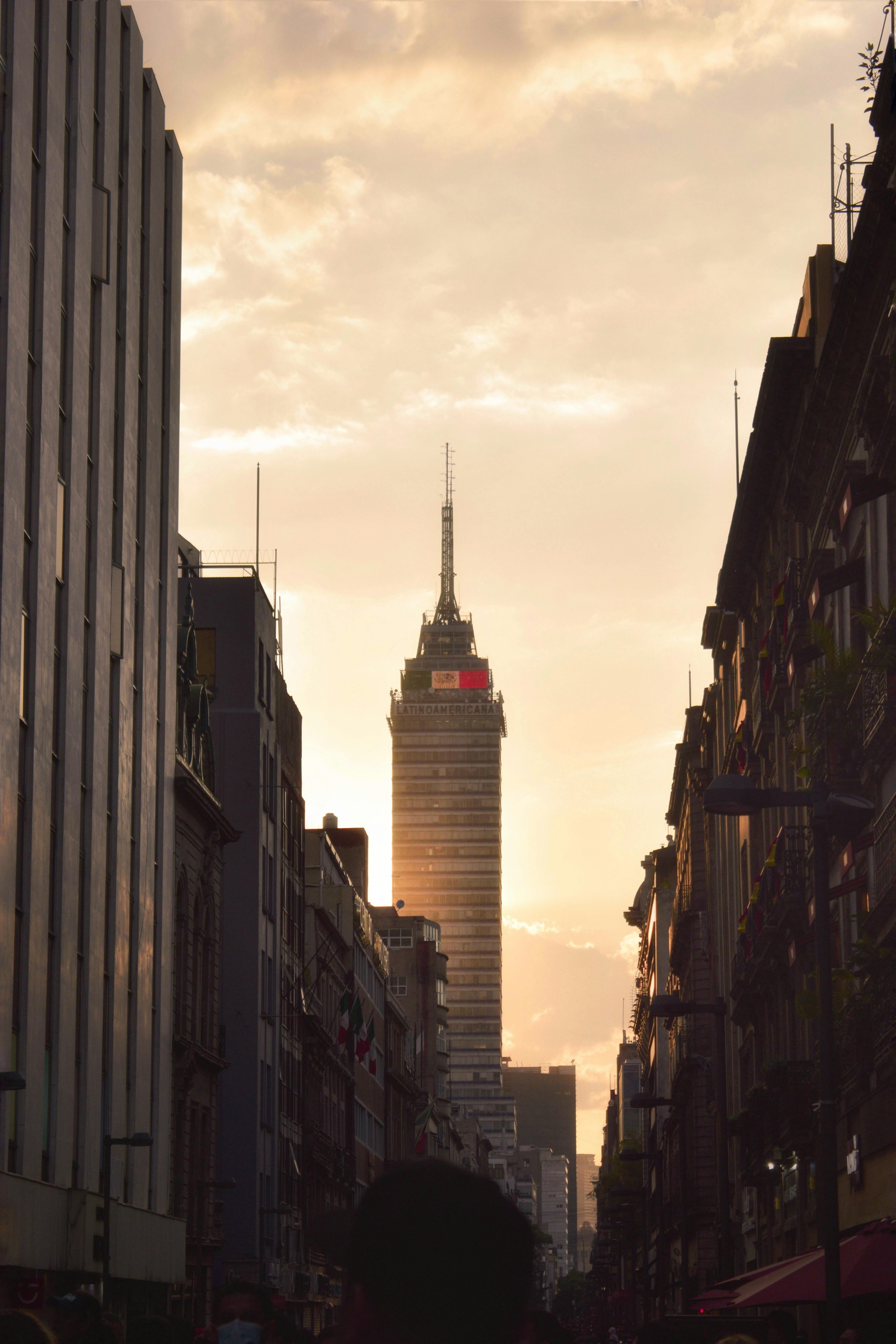 Skyline featuring Torre Latinoamericana at golden hour in downtown Mexico City