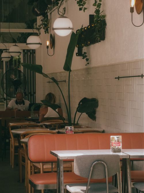 Free A warm and inviting restaurant interior with stylish lighting and indoor plants. Stock Photo