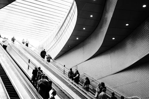 Grayscale Photo of People on Escalators