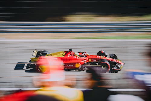 Blurred Motion of the Scuderia Ferrari Race Car Driven by Charles Leclerc with a Special Livery for the 2022 Monza Grand Prix 