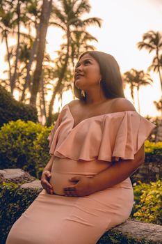 Serene outdoor maternity portrait with a woman in a tropical setting at sunset.