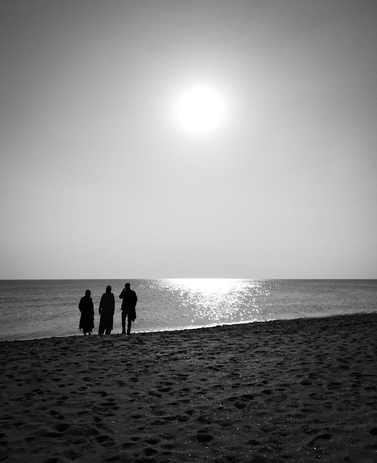 Silhouette Of People Standing On Seashore Under A Bright Sun