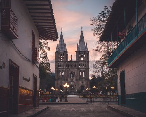 Free Captivating view of Jardín's iconic cathedral during sunset, showcasing its Gothic architecture. Stock Photo