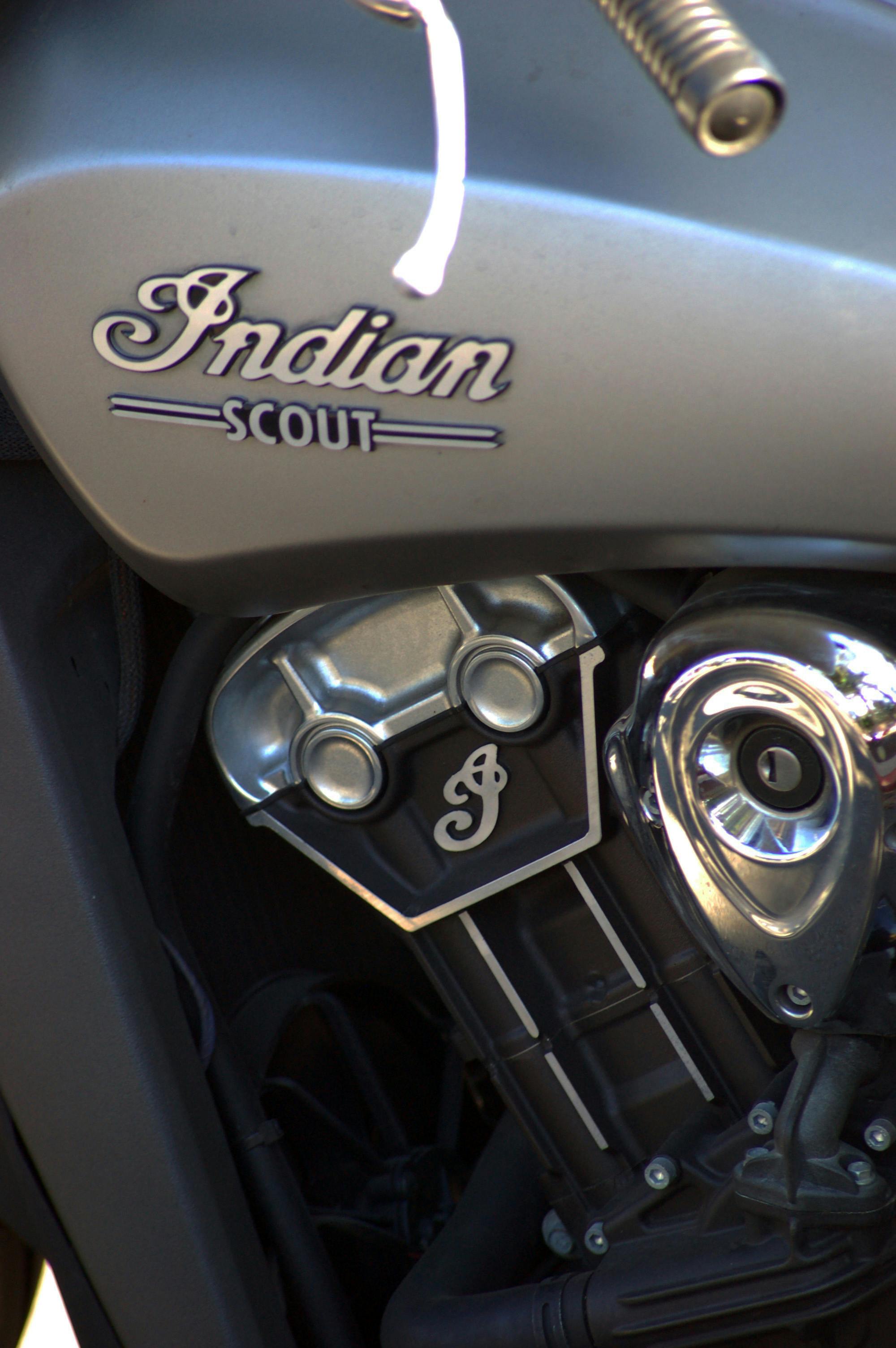 Free Detailed view of a classic Indian Scout motorcycle engine showcasing its intricate design. Stock Photo