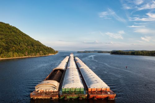 Free Aerial view of a barge on the Mississippi River near Reads Landing, MN, USA. Stock Photo