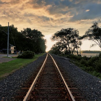 A picturesque railway track at sunset in Reads Landing, Minnesota.