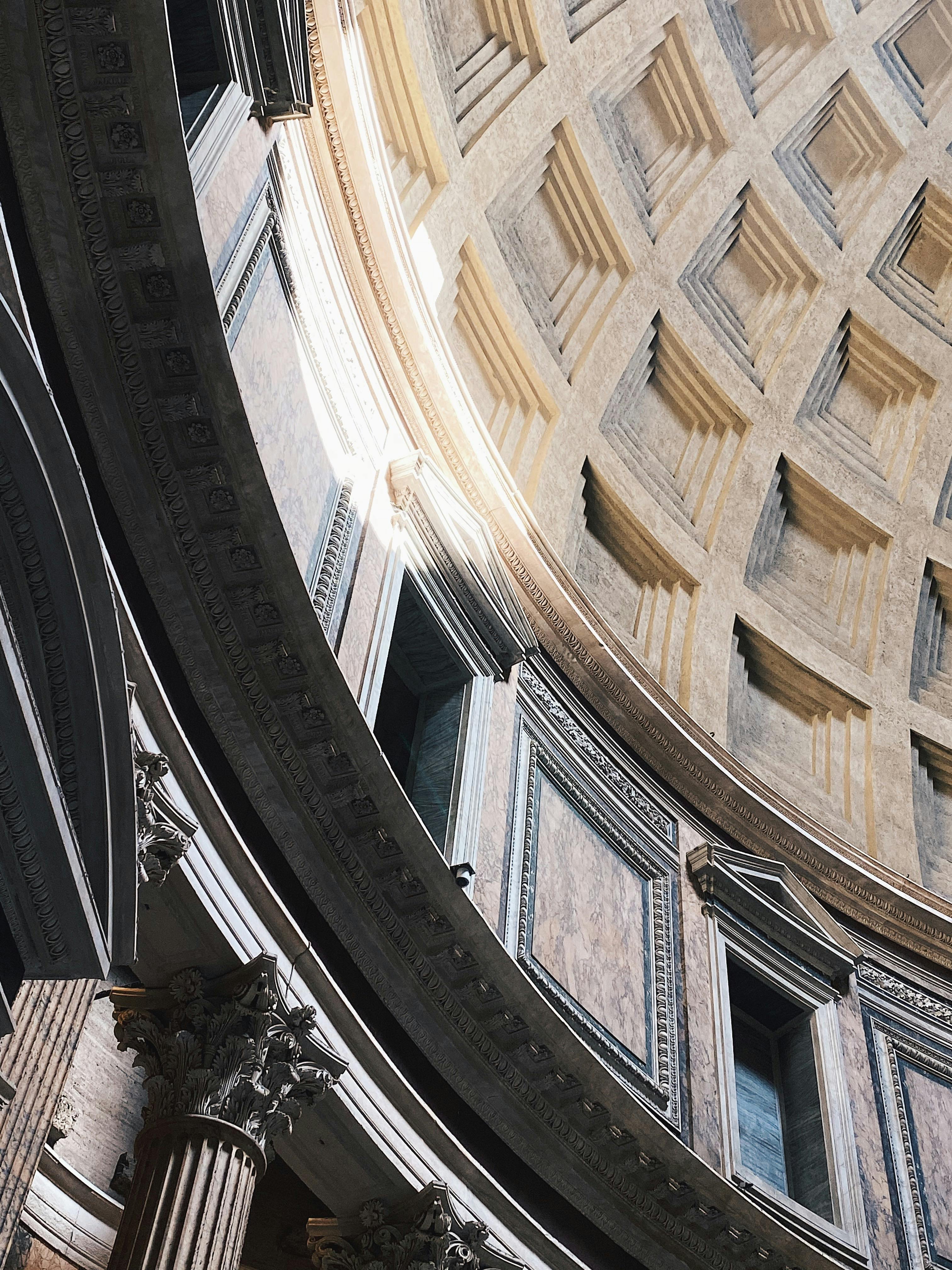 Capture of Pantheon's ancient Roman architecture, showcasing its intricate dome and interior details.