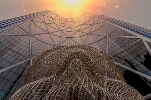 在戏剧性的明媚阳光下，一座现代摩天大楼以其独特的金属雕塑，捕捉到了未来派城市建筑的气息